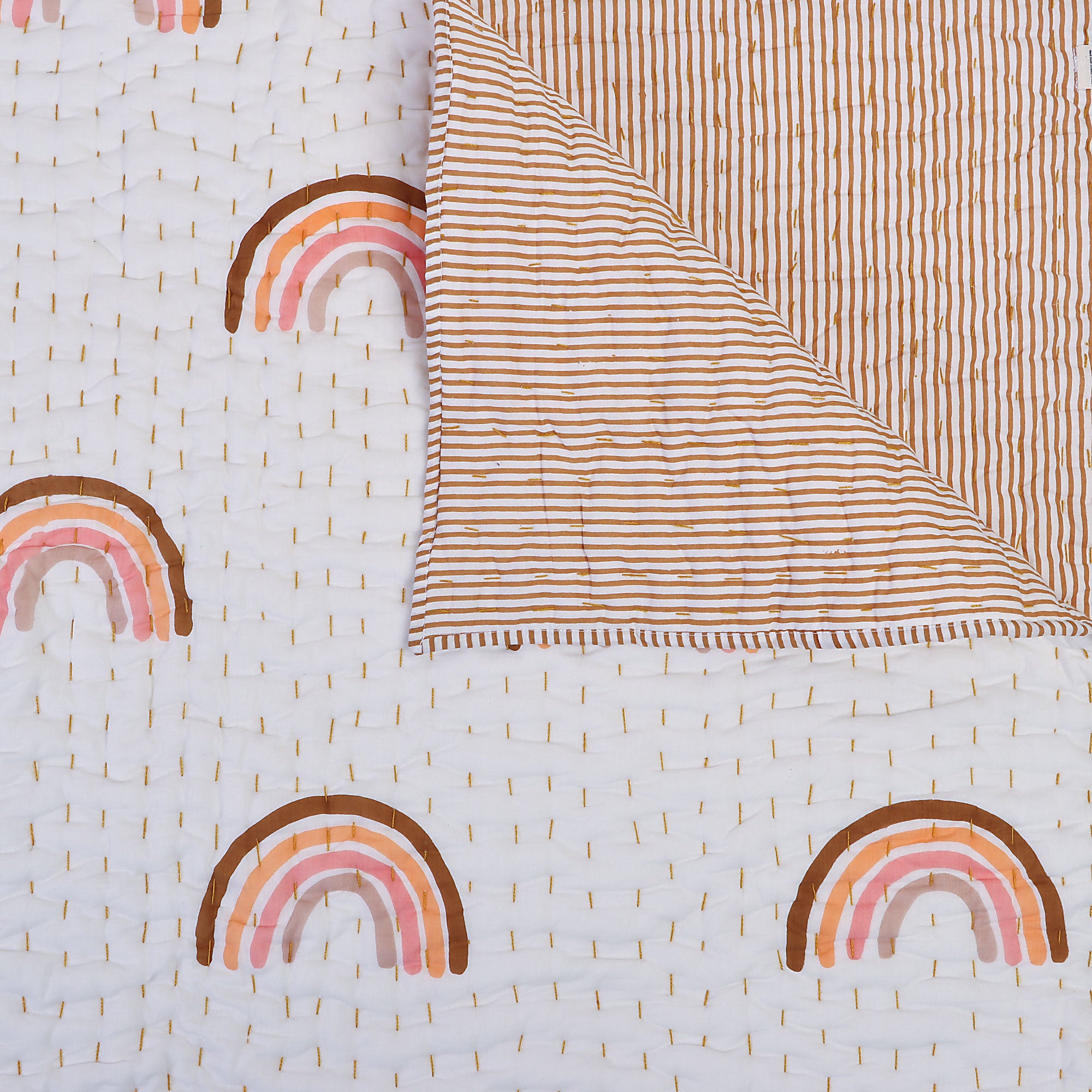 Handmade Baby & Toddler Quilted Kantha Blanket with block print boho rainbow design