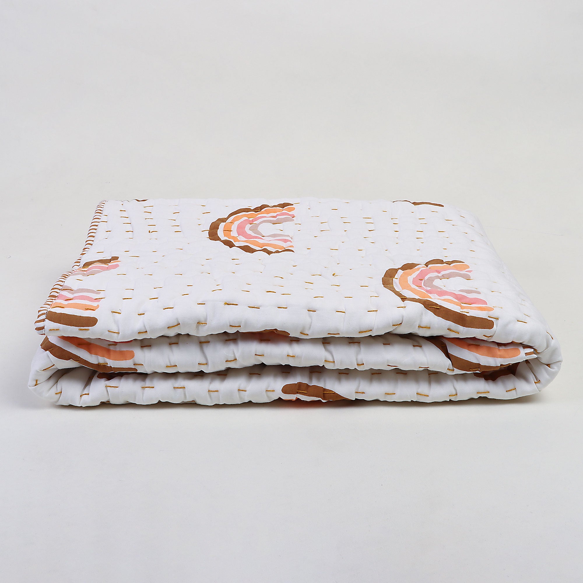 Handmade Baby & Toddler Quilted Kantha Blanket with block print boho rainbow design