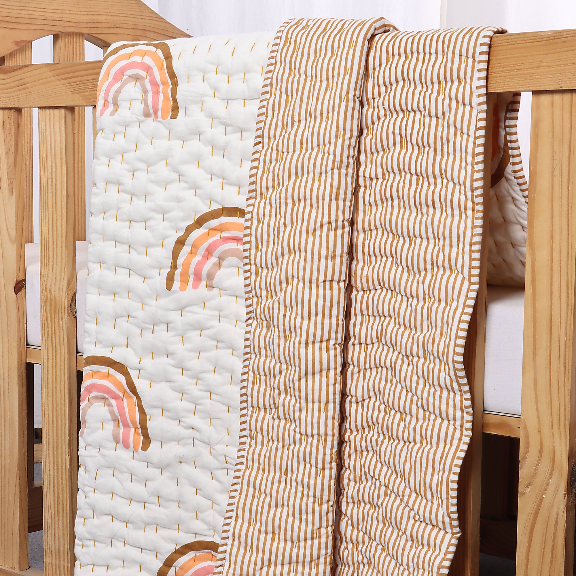 Handmade Baby & Toddler Quilted Kantha Blanket with block print boho rainbow design