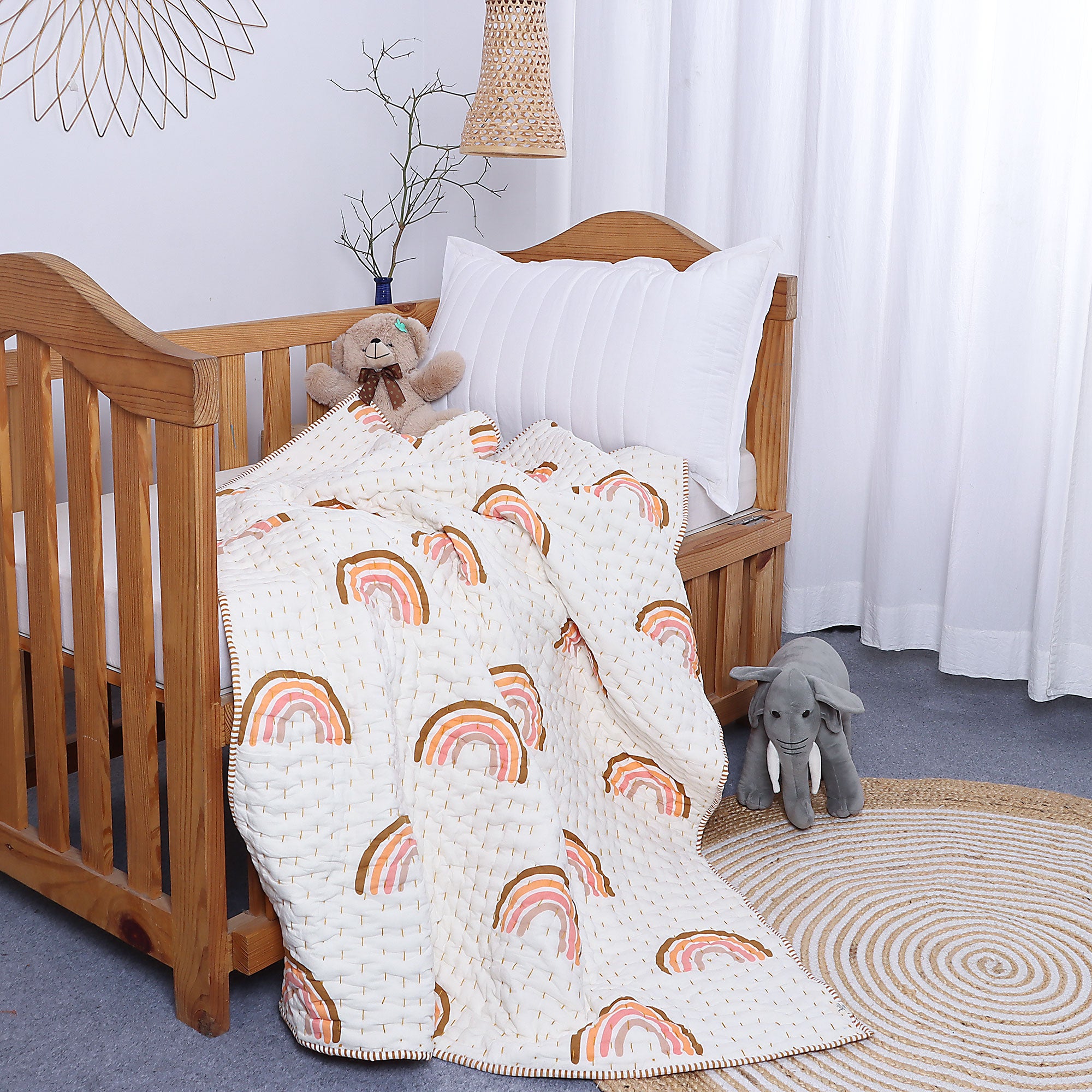 Handmade Baby & Toddler Quilted Kantha Blanket with block print boho rainbow design