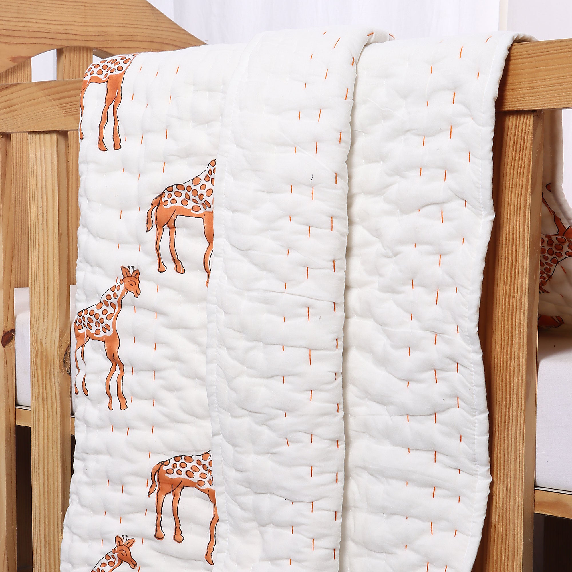 Handmade Baby & Toddler Quilted Kantha Blanket with block print giraffe design