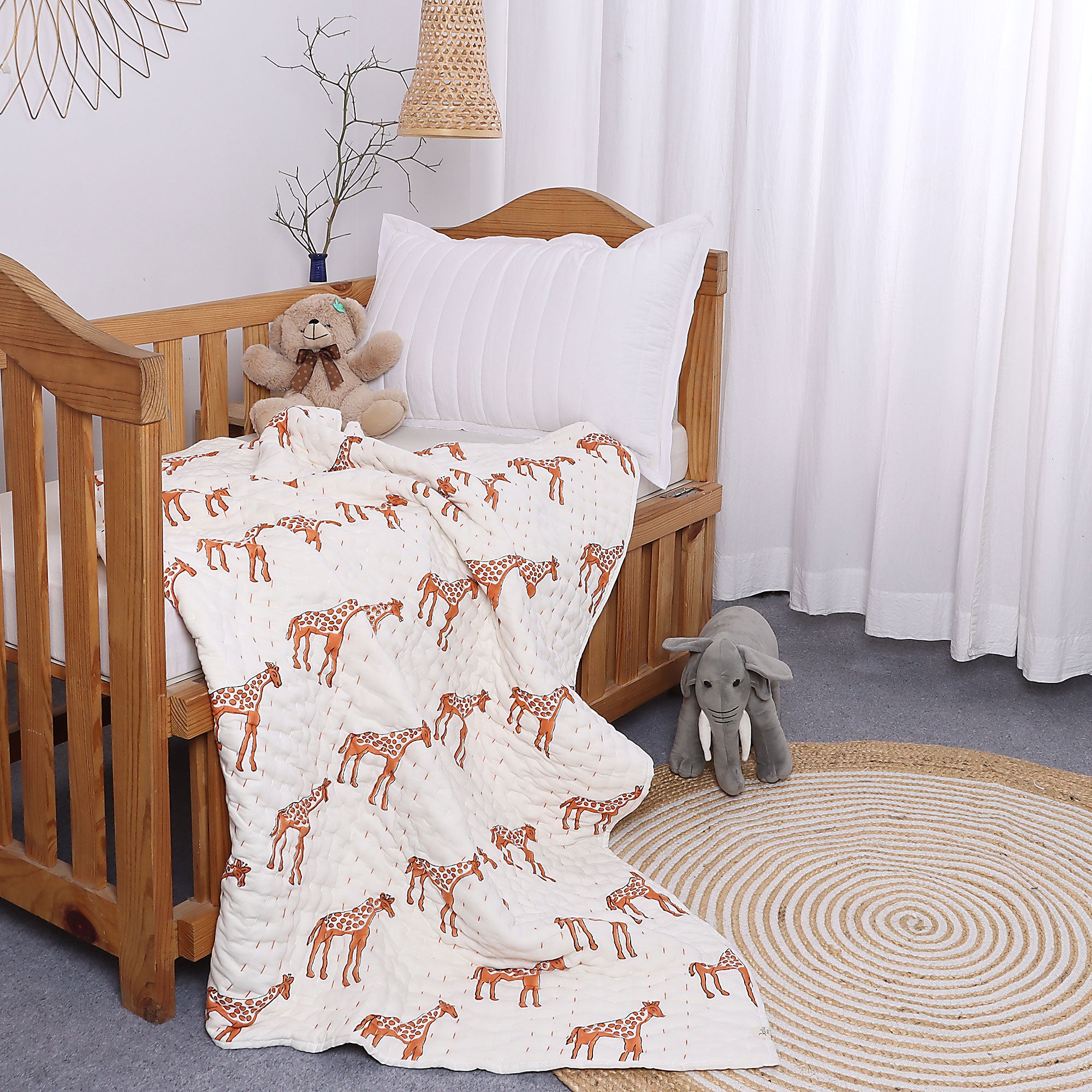 Handmade Baby & Toddler Quilted Kantha Blanket with block print giraffe design