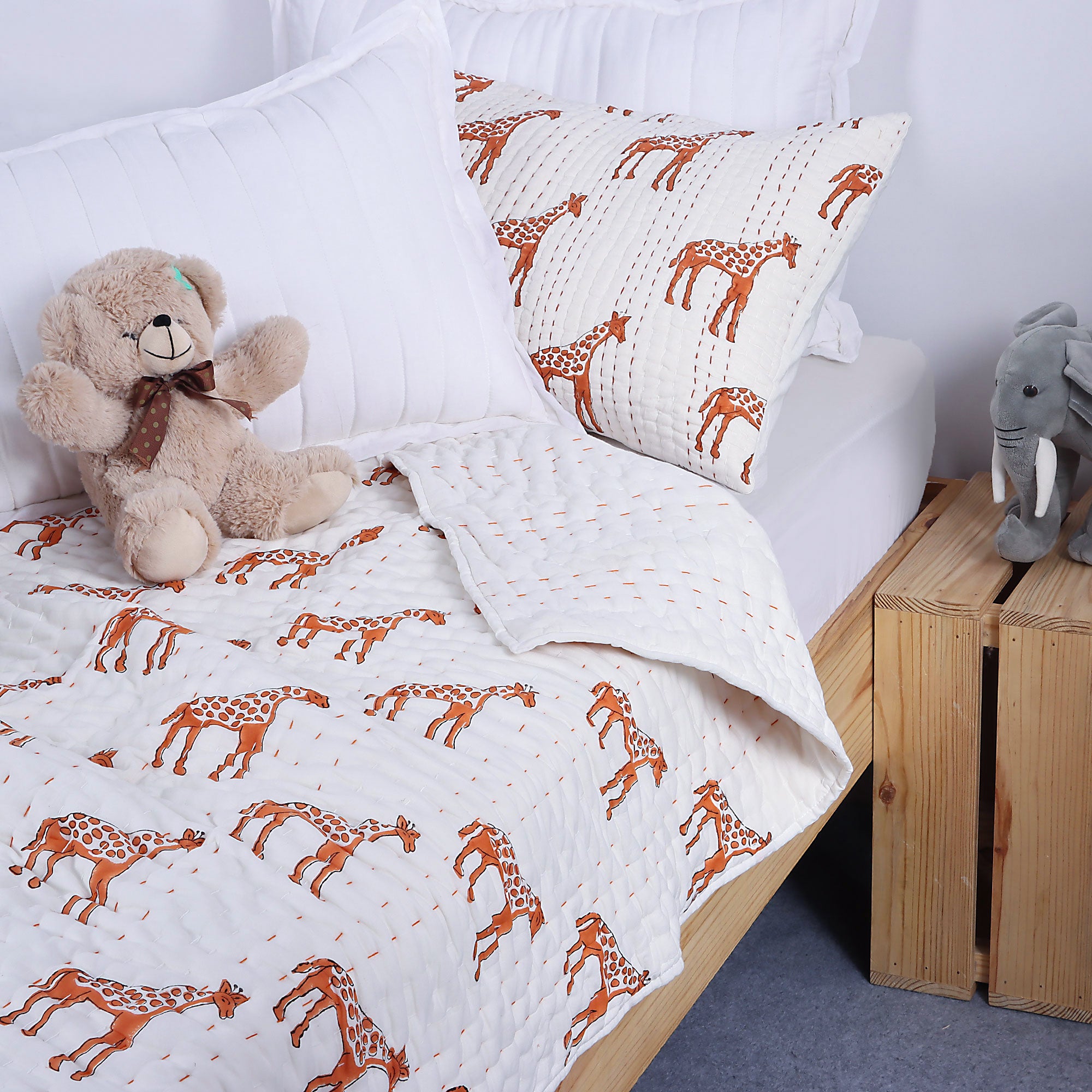 Handmade Baby & Toddler Quilted Kantha Blanket with block print giraffe design