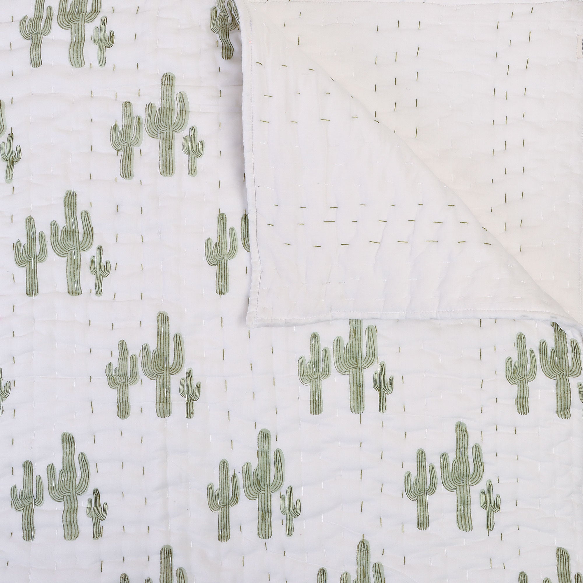 Handmade Baby & Toddler Quilted Kantha Blanket with block print cactus design