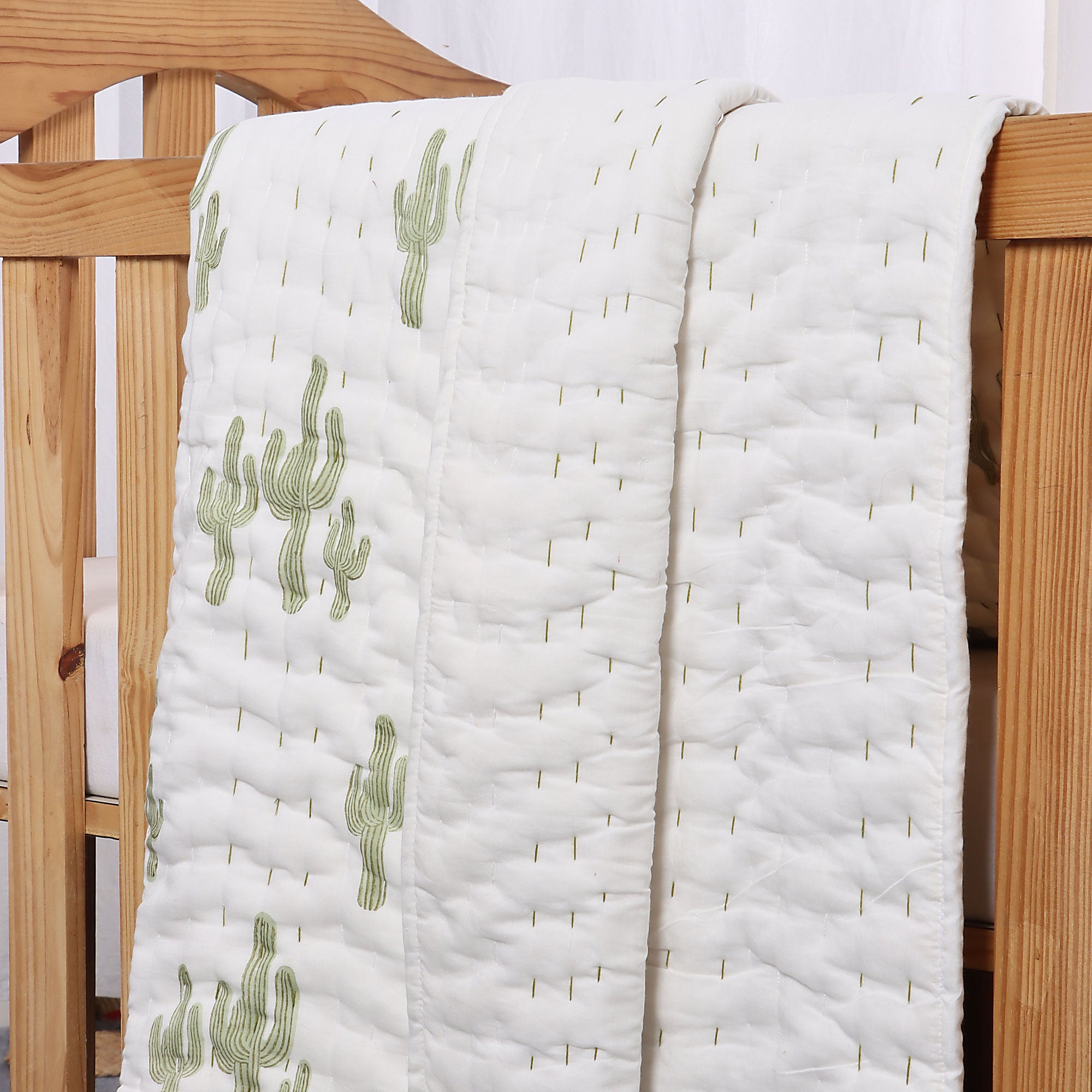 Handmade Baby & Toddler Quilted Kantha Blanket with block print cactus design