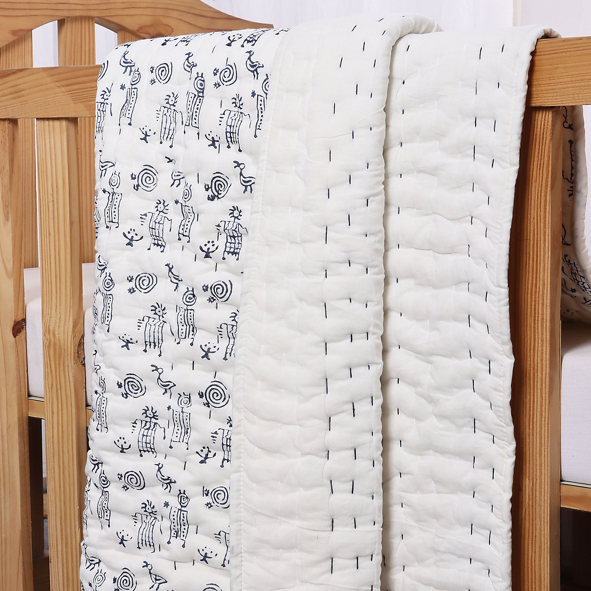 Handmade Baby & Toddler Quilted Kantha Blanket with block print design