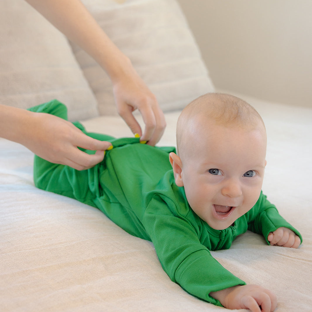 Soft Stretchy Bamboo Cotton Baby Footies with Magnetic Fasteners for Sensitive Skin - Green