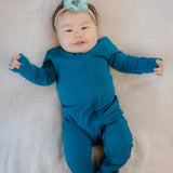 Soft Stretchy Bamboo Cotton Baby Footies with Magnetic Fasteners for Sensitive Eczema Prone Skin - lagoon
