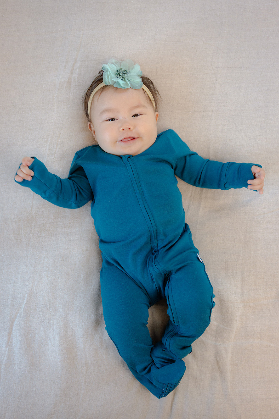 Soft Stretchy Bamboo Cotton Baby Footies with Magnetic Fasteners for Sensitive Eczema Prone Skin - lagoon