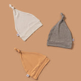 Soft, cozy bamboo knotted hat bundle in 3 colors. Snug and stylish, perfect for newborns and infants with sensitive skin.