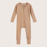 Ribbed bamboo zipper romper in sand beige color featuring practical features for convenience like fold over mittens and footies