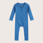 Ribbed bamboo zipper romper in ocean blue color featuring practical features for convenience like fold over mittens and footies
