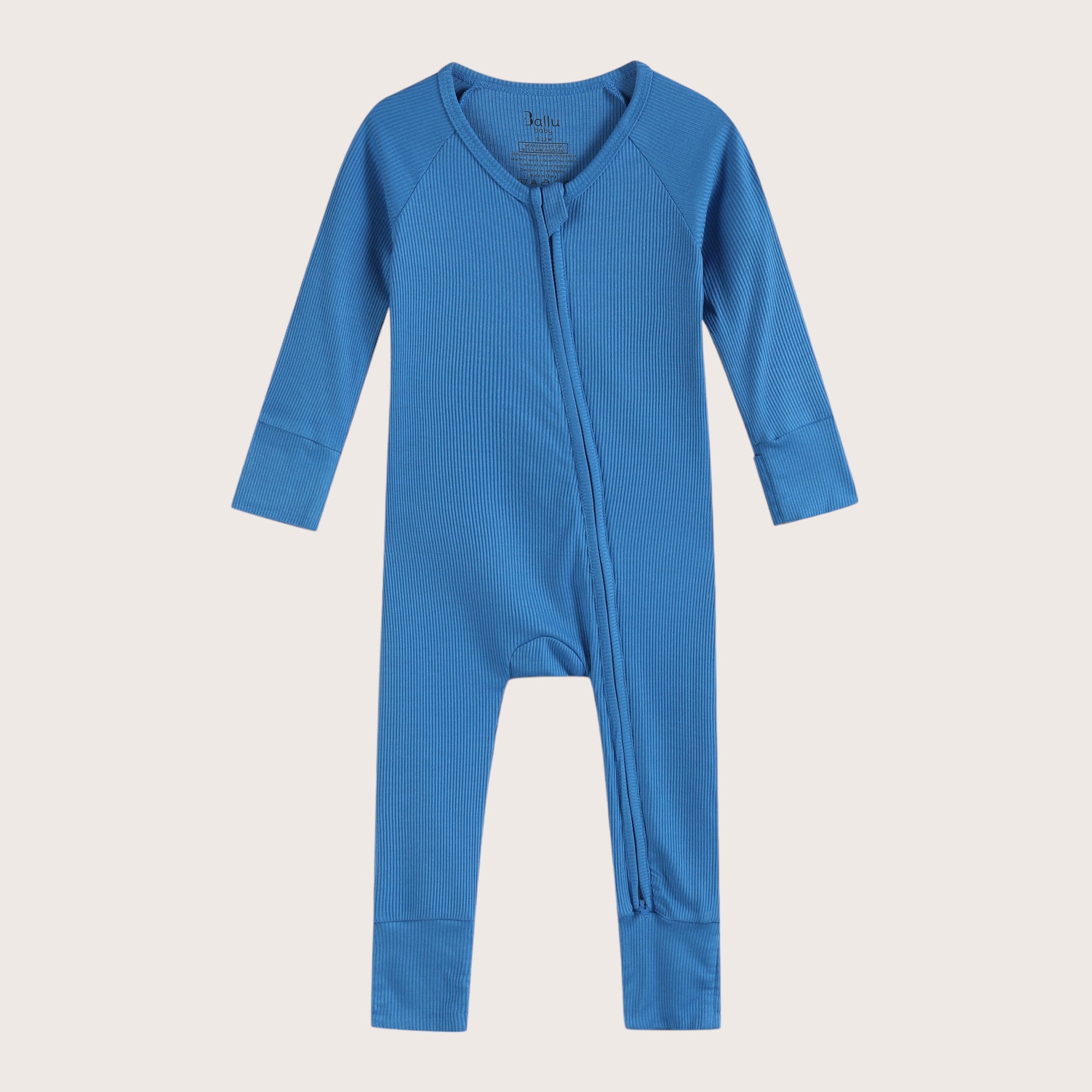 Ribbed bamboo zipper romper in ocean blue color featuring practical features for convenience like fold over mittens and footies