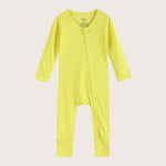 Ribbed bamboo zipper romper in lemon yellow color featuring practical features for convenience like fold over mittens and footies