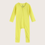 Ribbed bamboo zipper romper in lemon yellow color featuring practical features for convenience like fold over mittens and footies