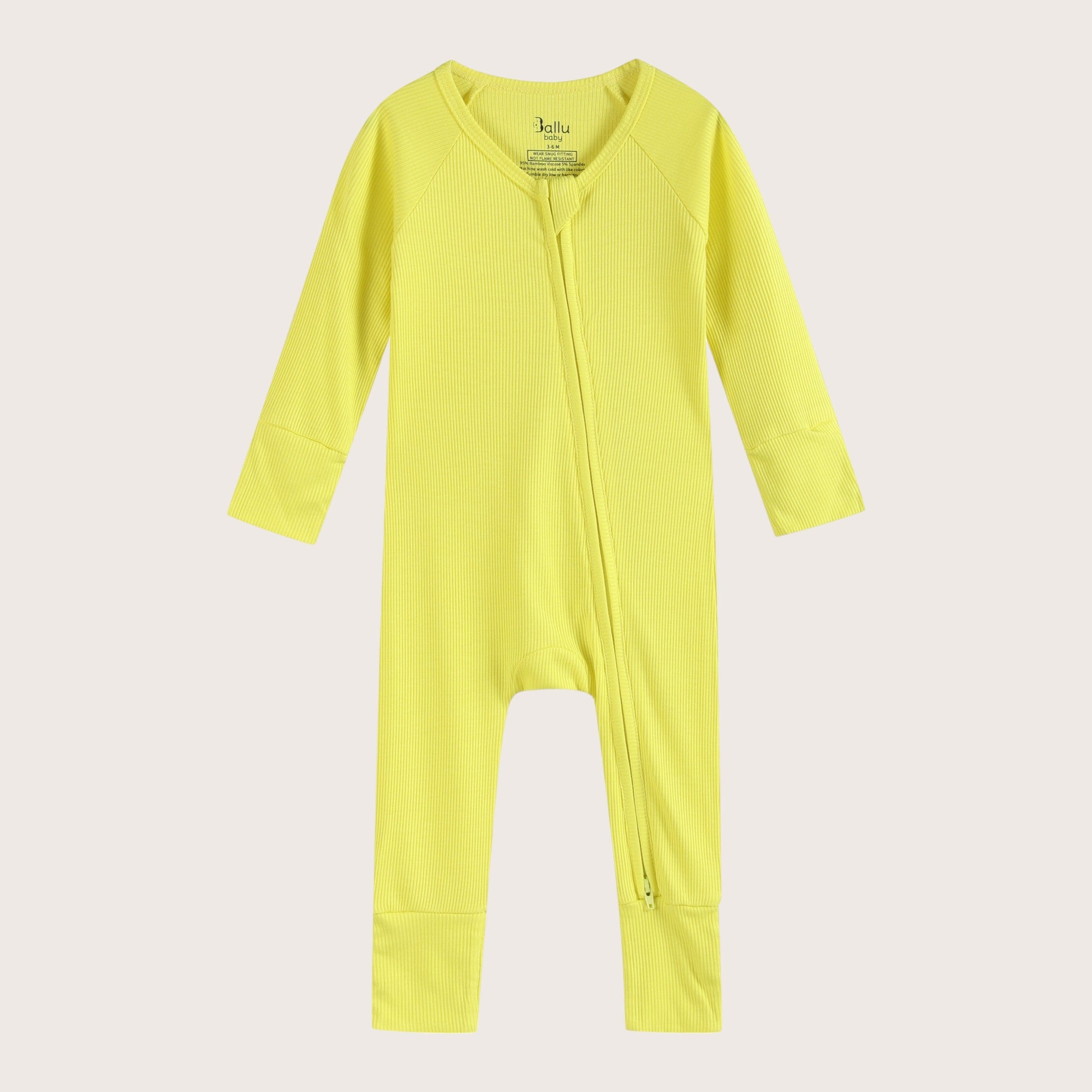 Ribbed bamboo zipper romper in lemon yellow color featuring practical features for convenience like fold over mittens and footies