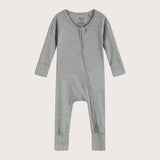 Ribbed bamboo zipper romper in stone grey color featuring practical features for convenience like fold over mittens and footies