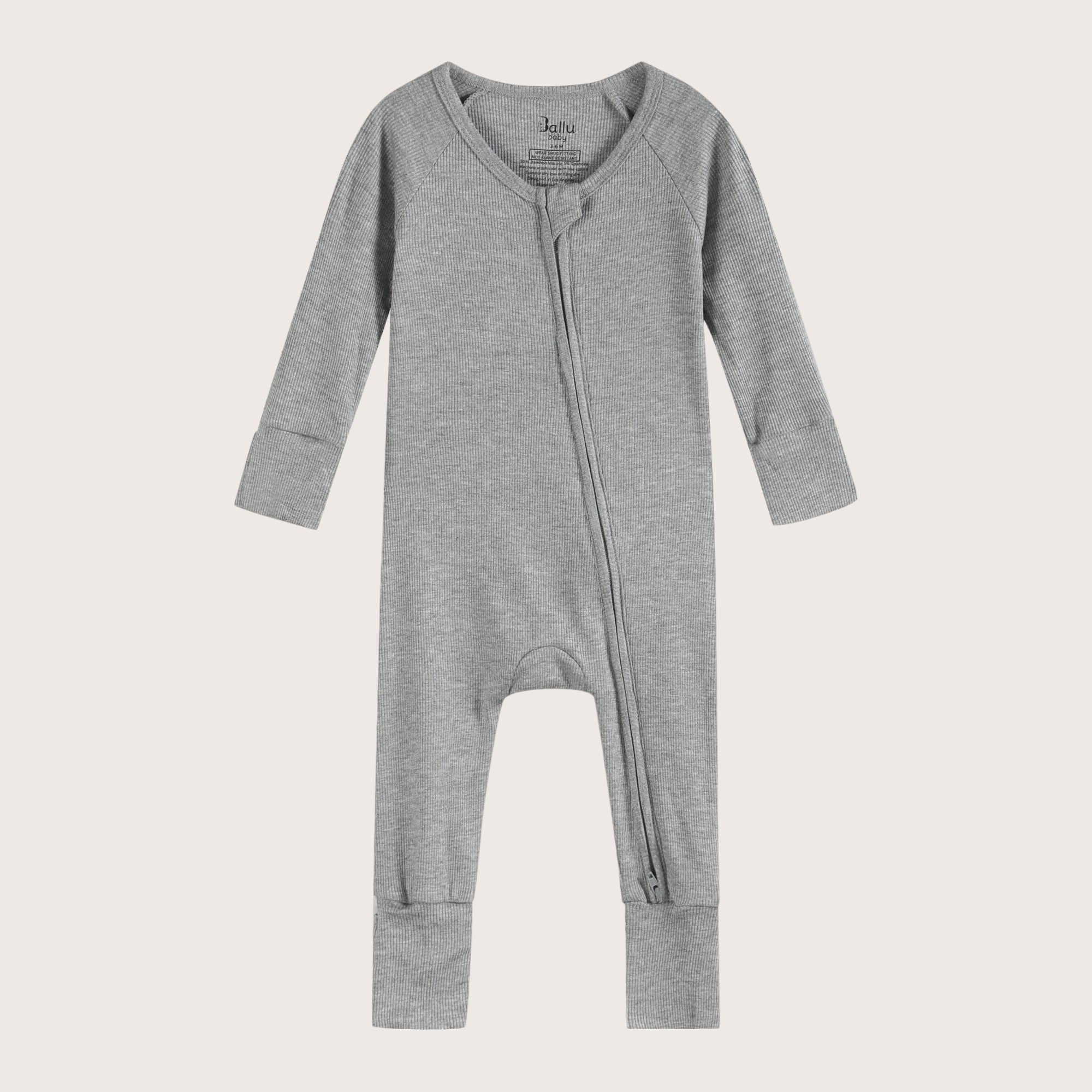Ribbed bamboo zipper romper in stone grey color featuring practical features for convenience like fold over mittens and footies
