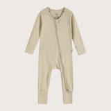 Bamboo Zip Romper and Sleeper in apricot beige color featuring practical features like fold over mittens, footies and two-way zipper