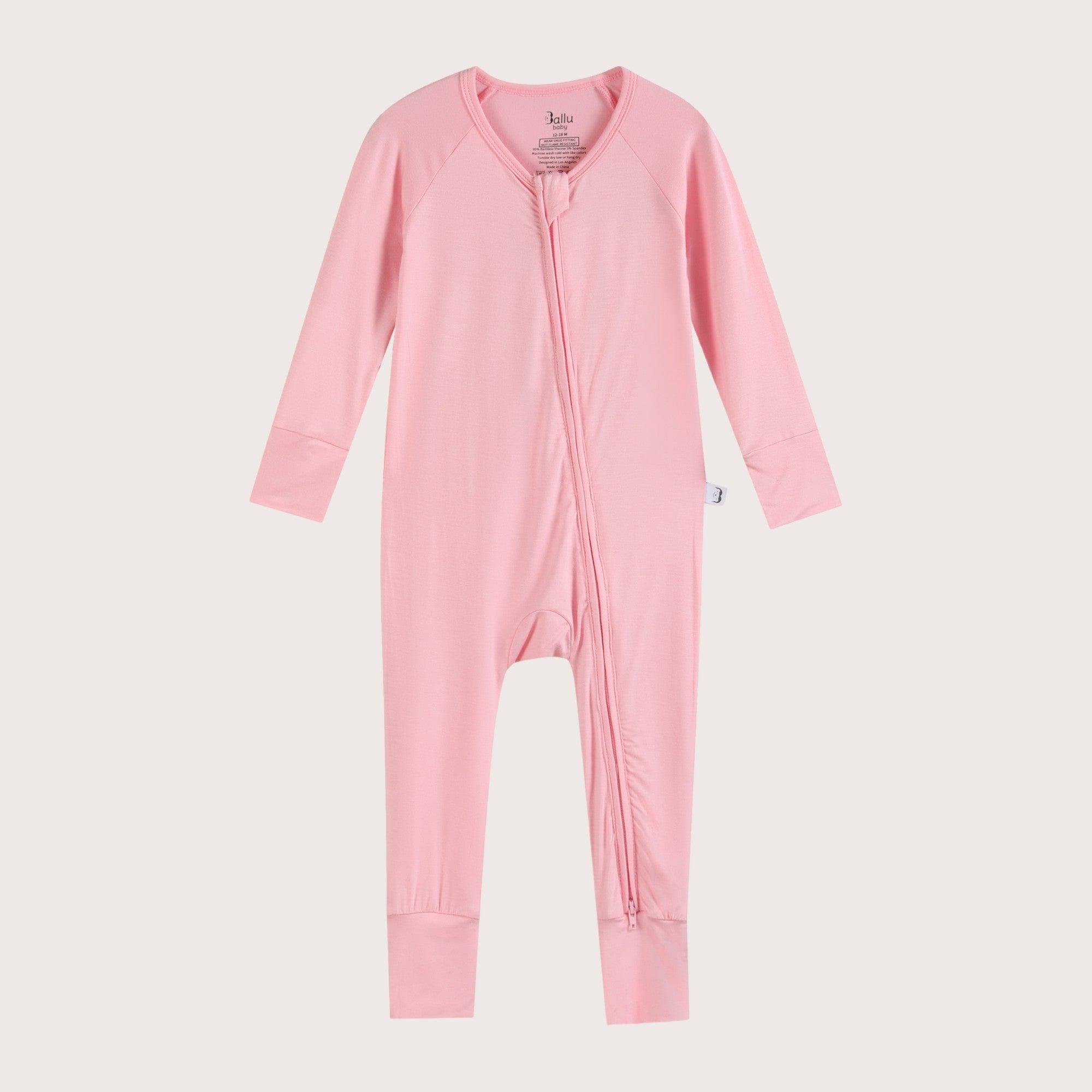 Bamboo Zip Romper and Sleeper in peony pink color featuring practical features like fold over mittens, footies and two-way zipper