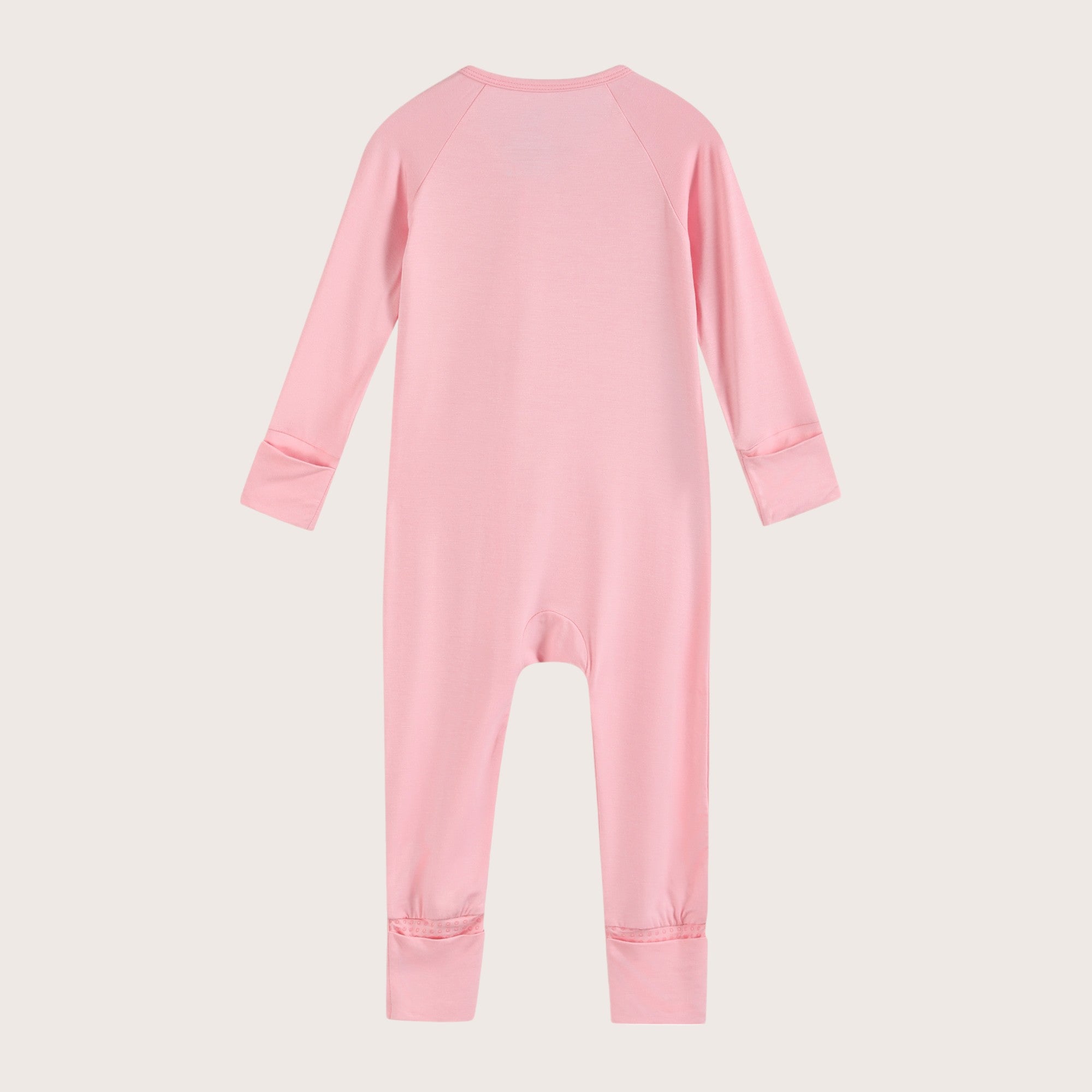 Bamboo Zip Romper and Sleeper in peony pink color featuring practical features like fold over mittens, footies and two-way zipper