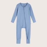 Bamboo Zip Romper and Sleeper in sky blue color featuring practical features like fold over mittens, footies and two-way zipper