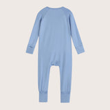 Bamboo Zip Romper and Sleeper in sky blue color featuring practical features like fold over mittens, footies and two-way zipper