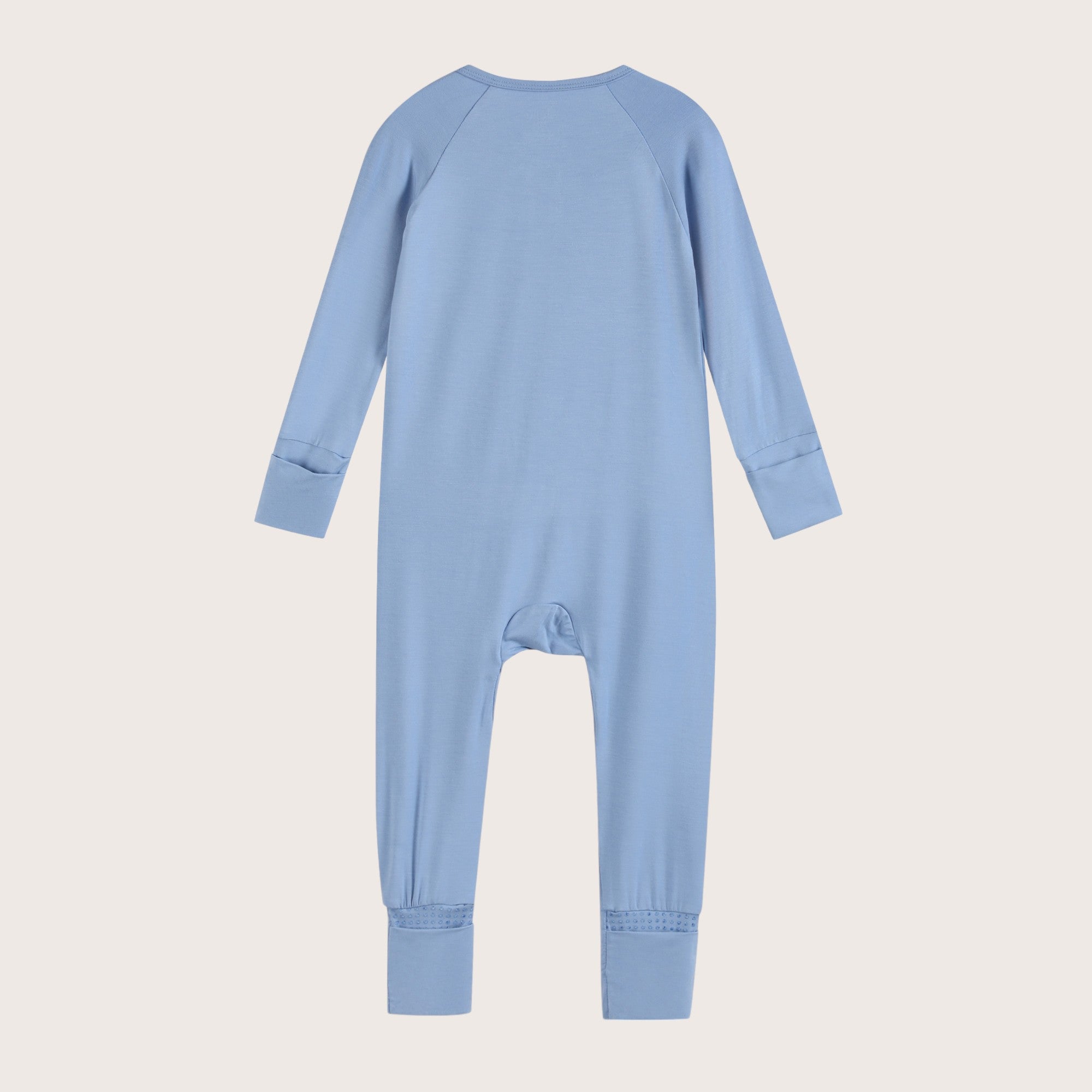 Bamboo Zip Romper and Sleeper in sky blue color featuring practical features like fold over mittens, footies and two-way zipper
