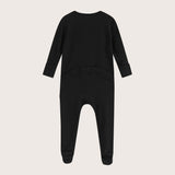 Soft Stretchy Bamboo Cotton Baby Footies with Magnetic Bum Flap for easy diaper checks on the go - Midnight Black Color