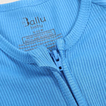 Ribbed bamboo zipper romper in ocean blue color featuring two-way zipper and fold over footies with grips
