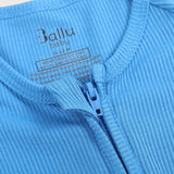 Ribbed bamboo zipper romper in ocean blue color featuring two-way zipper and fold over footies with grips