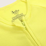 Ribbed bamboo zipper romper in lemon yellow color featuring two-way zipper