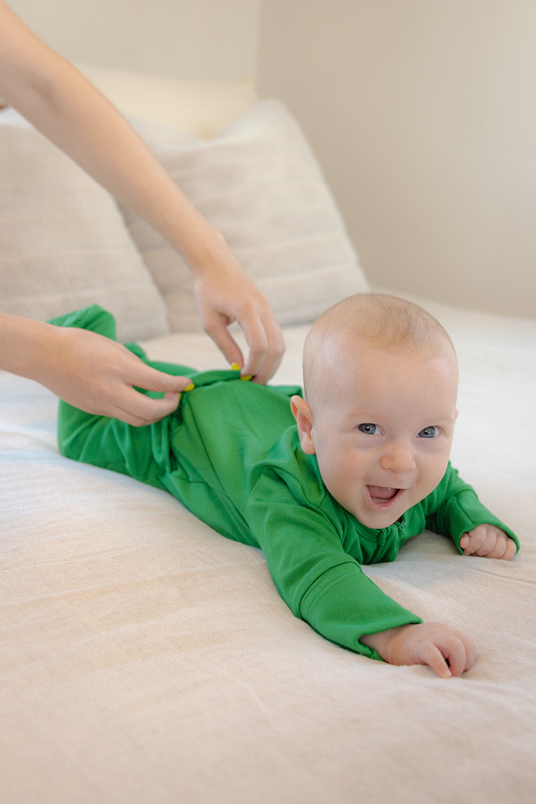 Soft Stretchy Bamboo Cotton Baby Footies with Magnetic Fasteners for Sensitive Skin - Green