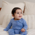 Baby wearing bamboo zip romper/sleeper in sky blue color